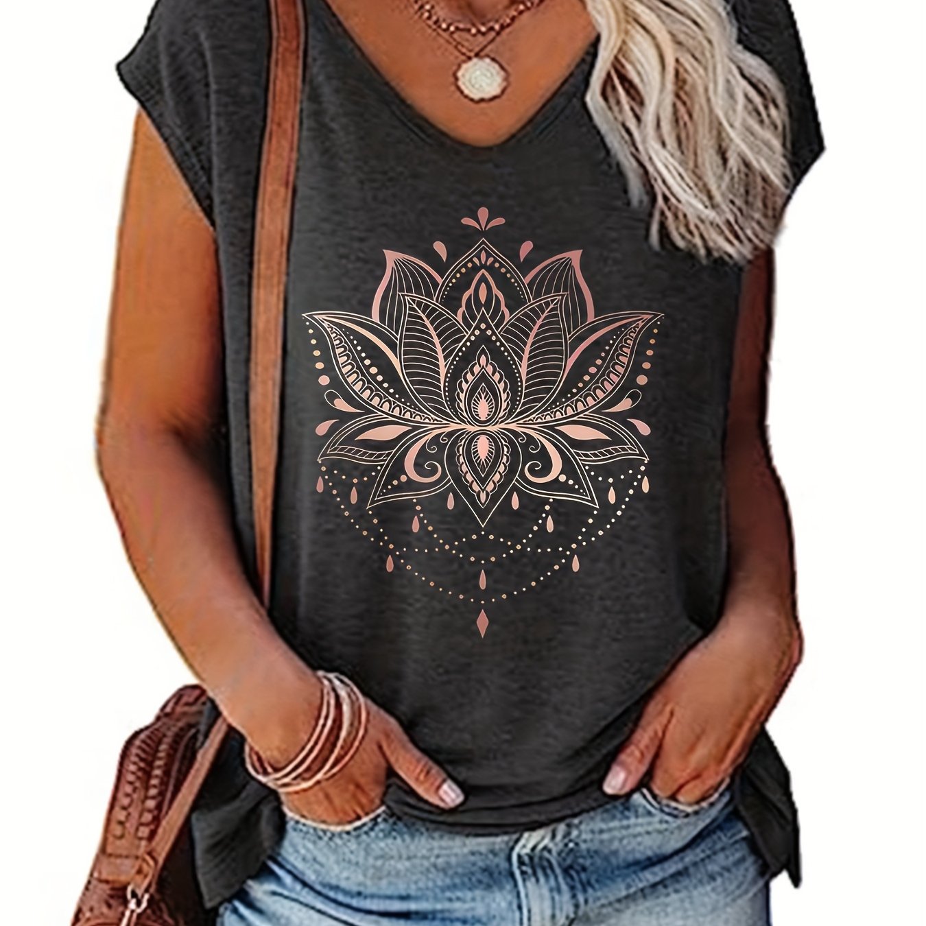 Plus Size Women's V-Neck Floral Print T-Shirt Short Sleeve Summer Top