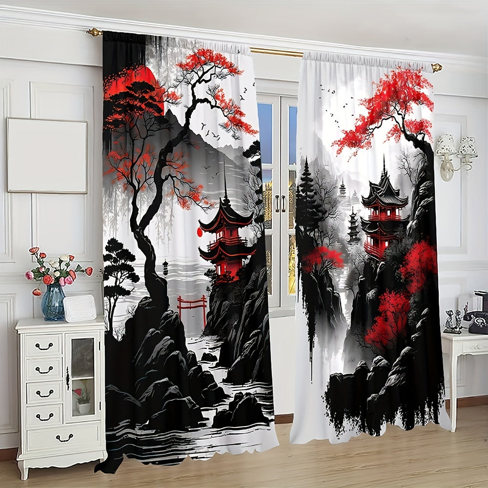 Set of 2 Japanese Mountain Ink Painting Print Curtains Polyester Rod Pocket for Living Room Bedroom Kitchen