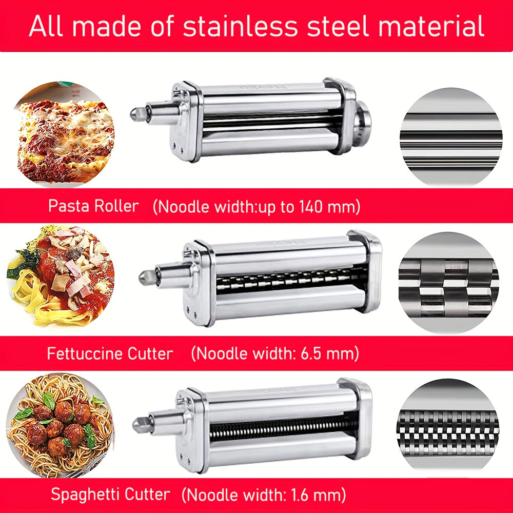 Stainless Steel Pasta Maker Attachments for Stand Mixer Includes Sheet Roller Spaghetti Fettuccine Cutter