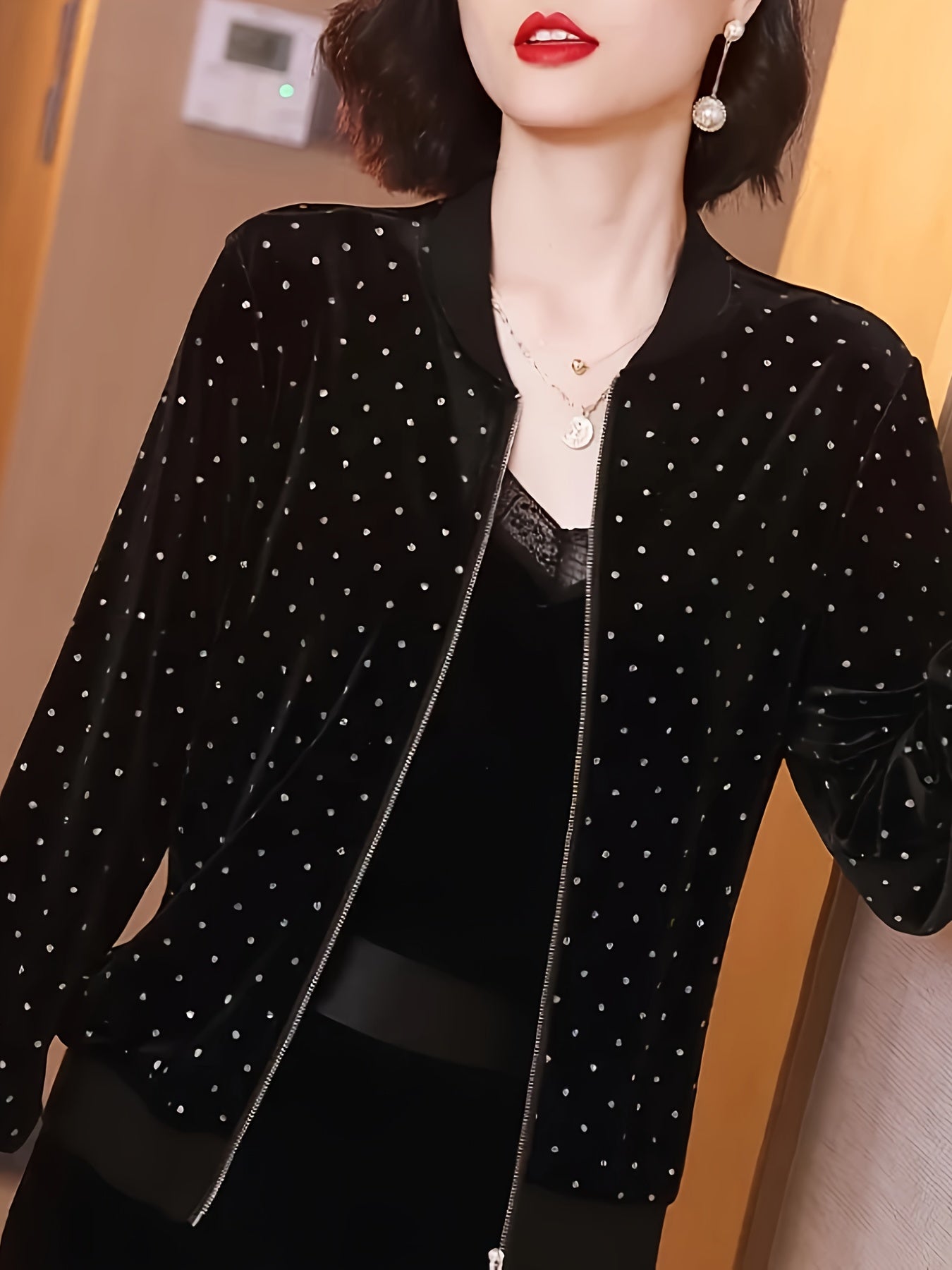 Women's Lightweight Bomber Jacket with Rhinestone Dot Design Sun Protection Spring Fall