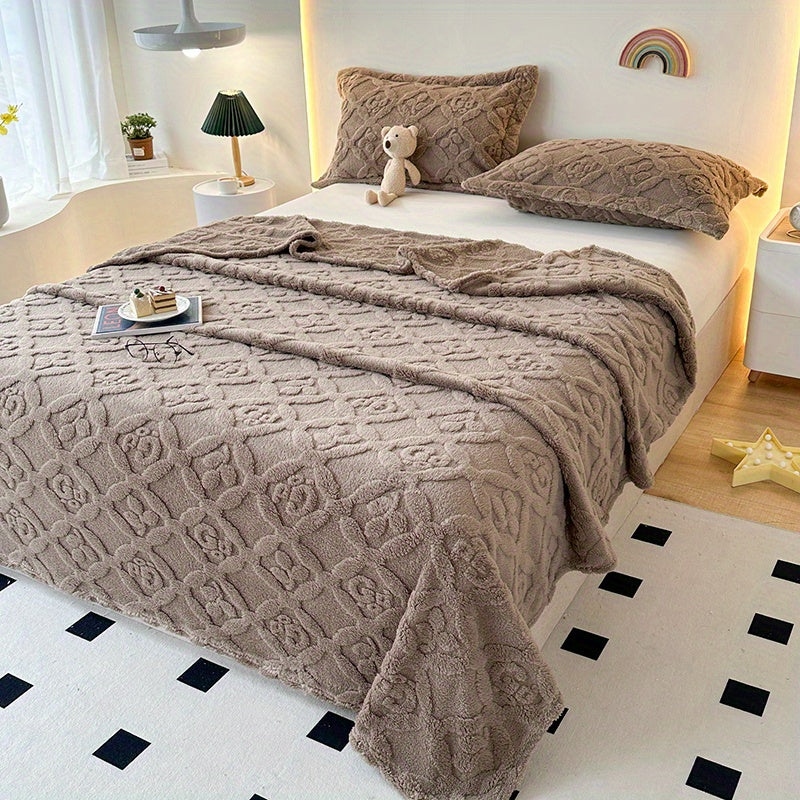 Fleece Bed Blanket White Geometric Embroidered All-Season Polyester 3D Embroidery