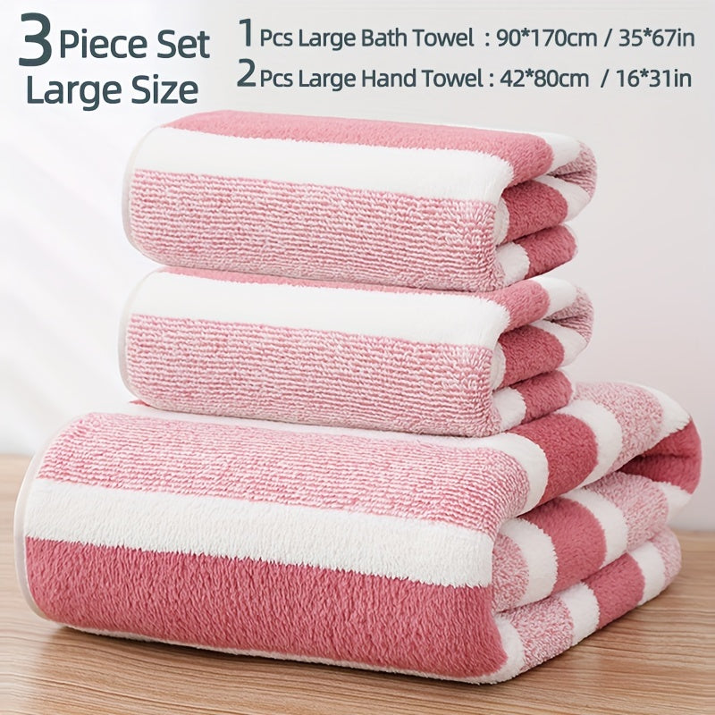 3-Piece Striped Towel Set Bath and Hand Towels Soft Absorbent Quick-Drying