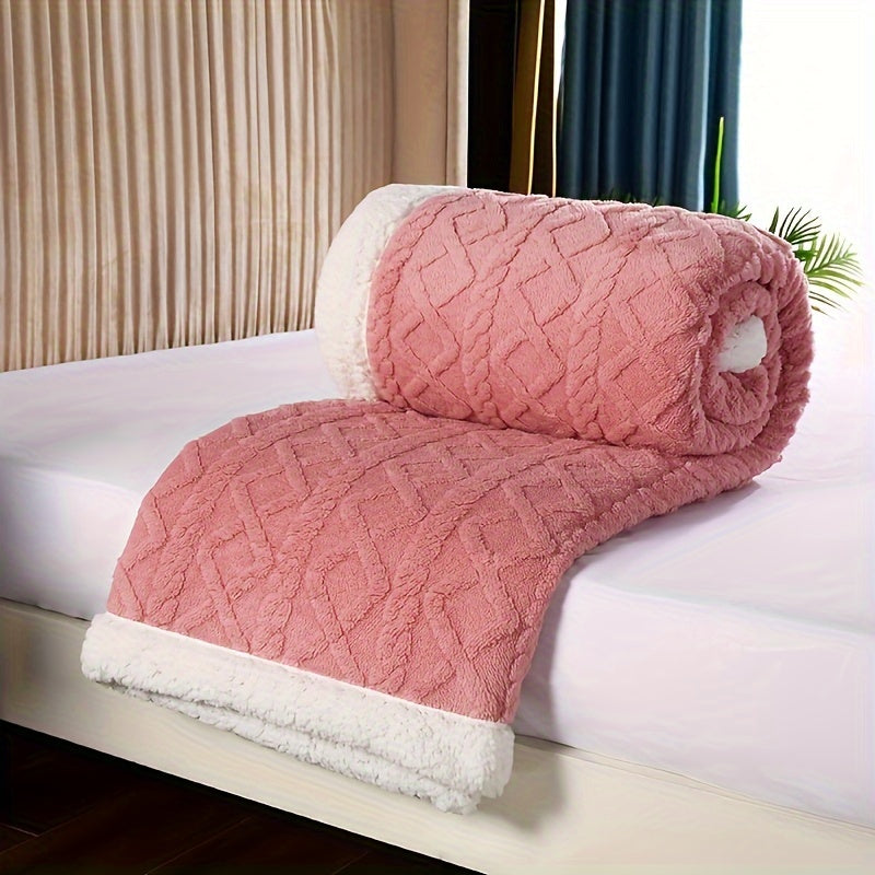 Reversible Sherpa Fleece Blanket for Sofa Bed Cozy Warm Embossed Taffeta Throw