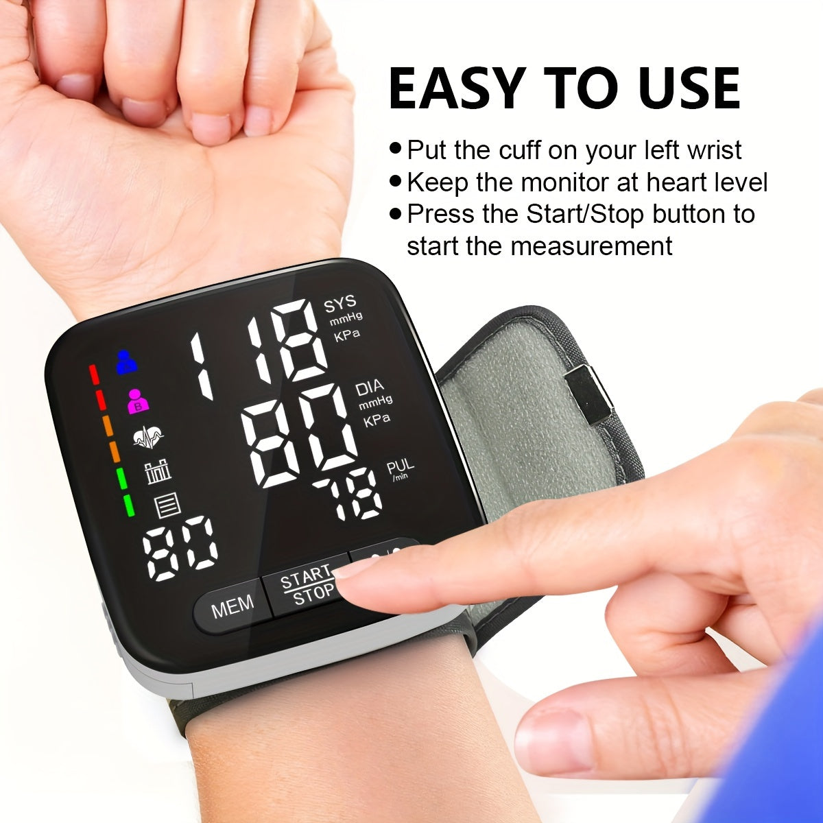 Adult Wrist Blood Pressure Monitor with Large Backlit Display and Arrhythmia Detection
