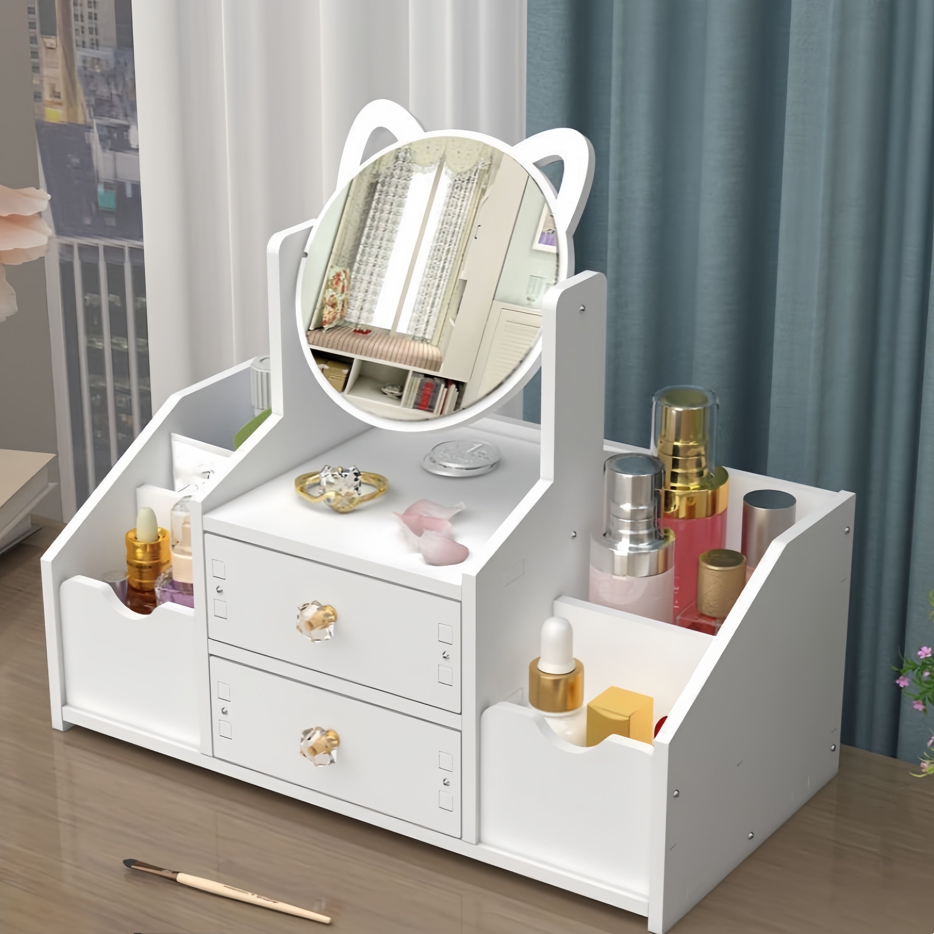 Countertop Makeup Organizer with Mirror Drawer Floral Design for Skincare and Phone Storage