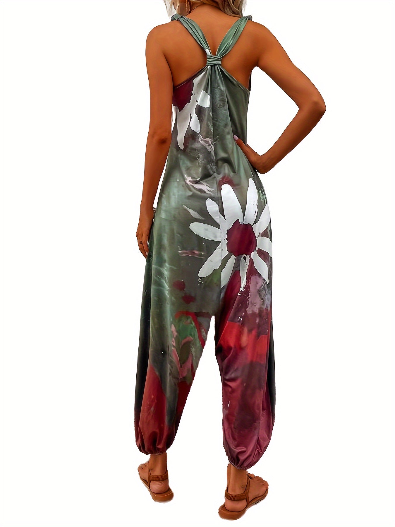 Plus Size Casual Floral Print V-Neck Jumpsuit for Women