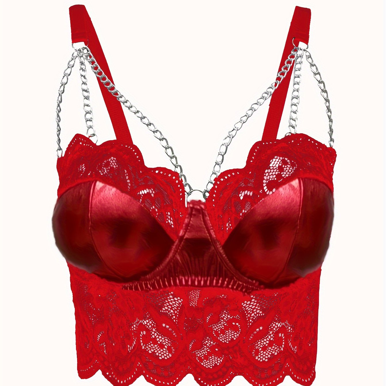 Women Red Floral Lace Chainmail Bra Adjustable Straps Opaque Nylon Polyester
