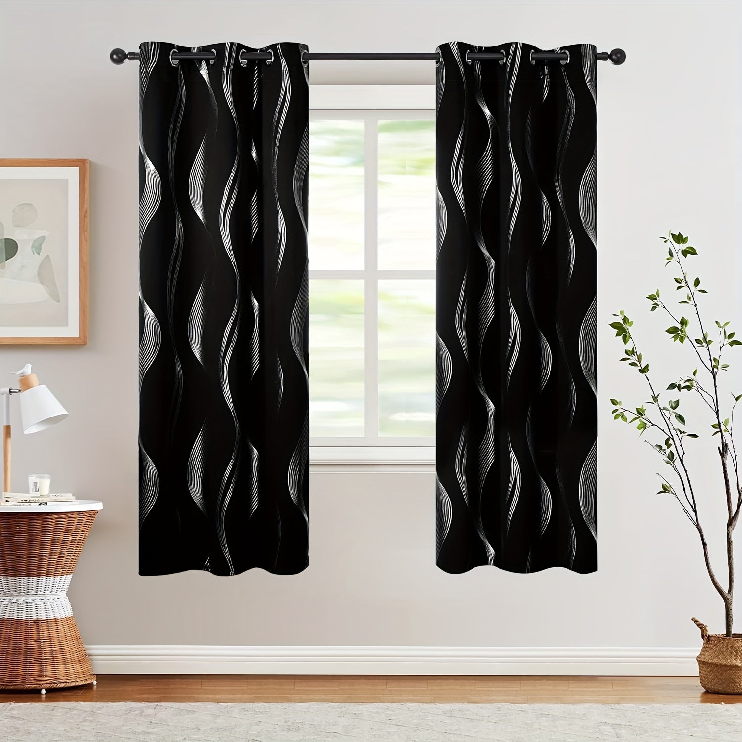 Contemporary Blackout Curtains 2 Pieces Woven Polyester Grommet Top Room Darkening