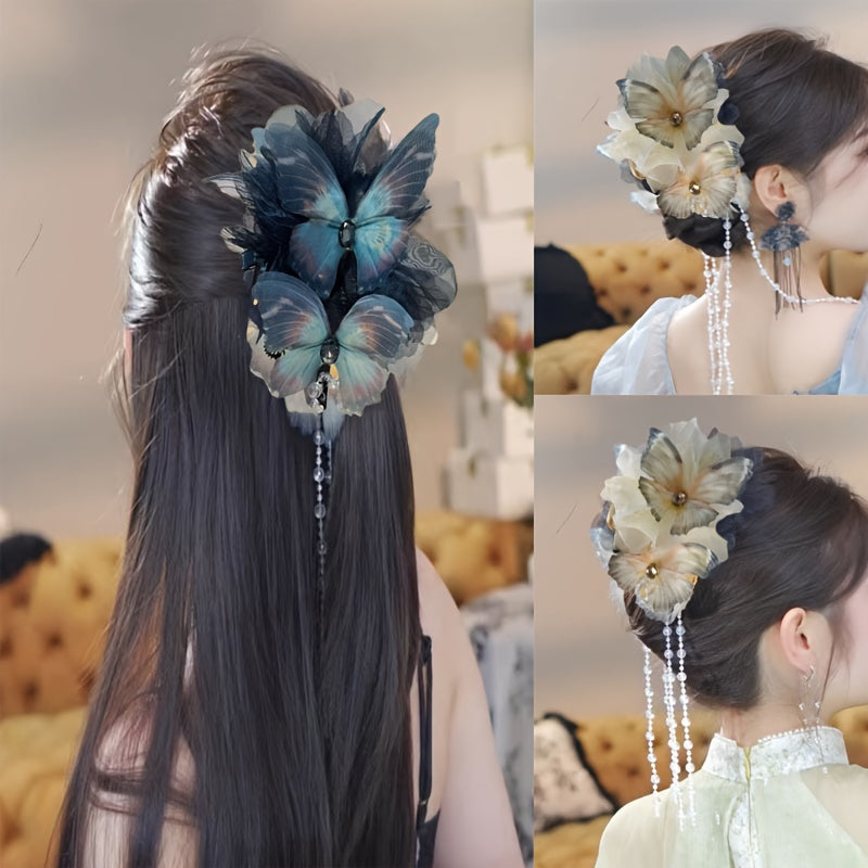 Stylish Blue and White Butterfly Tassel Hair Claw Boho Oversized Shark Clip