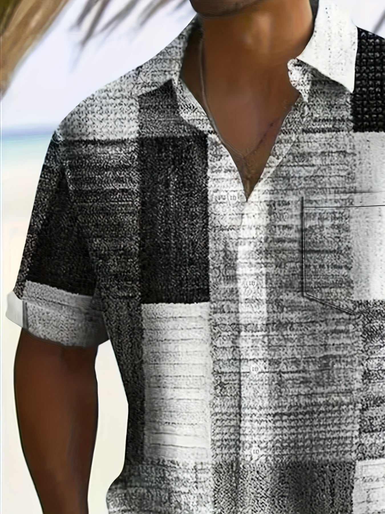 Erkaklar uchun plussiz casual qisqa yengli ko'ylak, tugmachali yopish, geometrik chiziqli naqsh, bahor/kovak uchun tor kesim, bohem uslubida elegant.