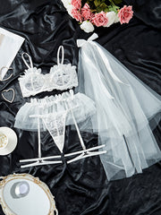 Women's Lace Lingerie Set with Bra Thong Garter Belt and Bridal Headpiece