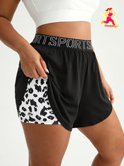 Plus Size Women's Sports Shorts with Leopard Print Elastic Waist Outdoor Hiking