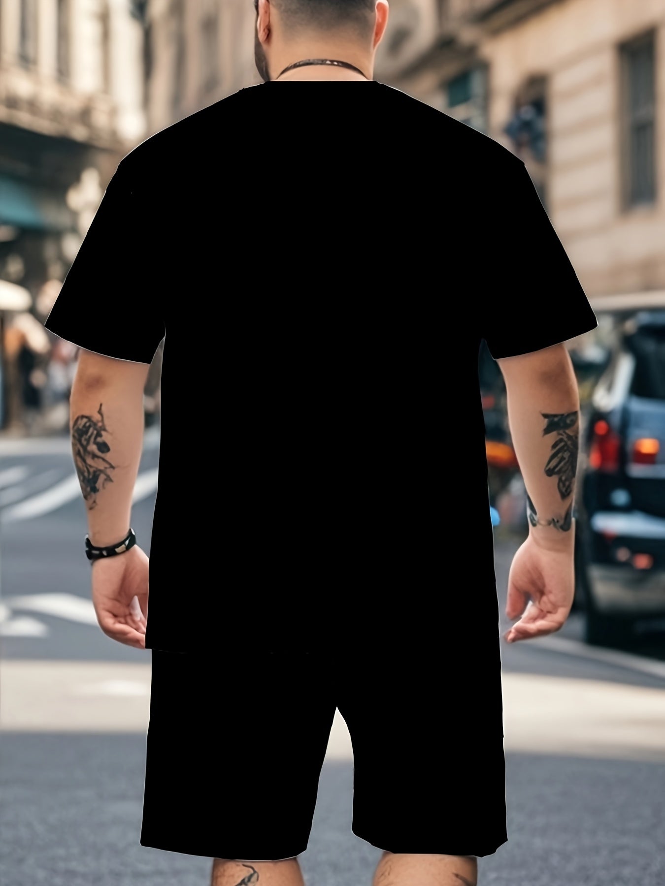 Men's Casual Short Sleeve Plaid and Printed Set Polyester Knit Fabric