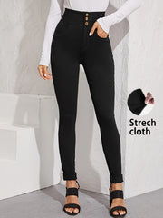 Women's High-Waist Skinny Jeans in Stretch Denim with Button Detail
