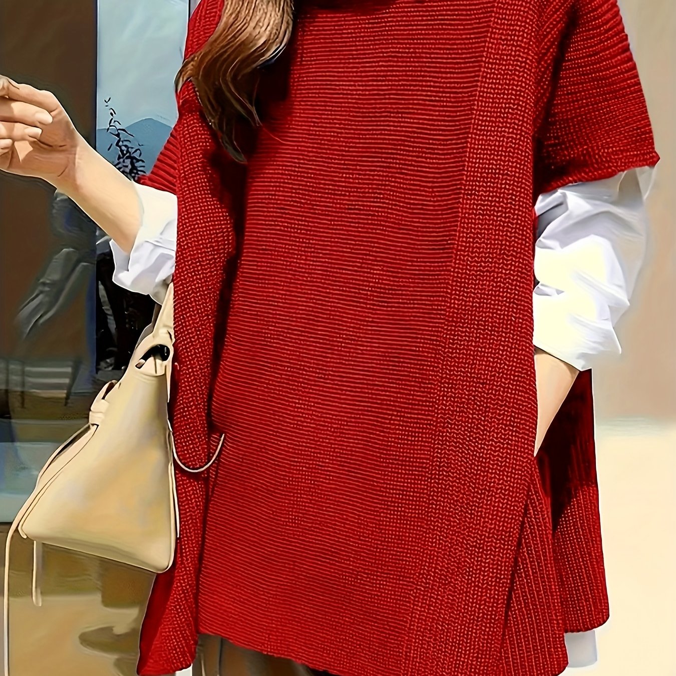 Plus Size Solid Split Hem Crew Neck Sweater for Women Fall Winter Polyester