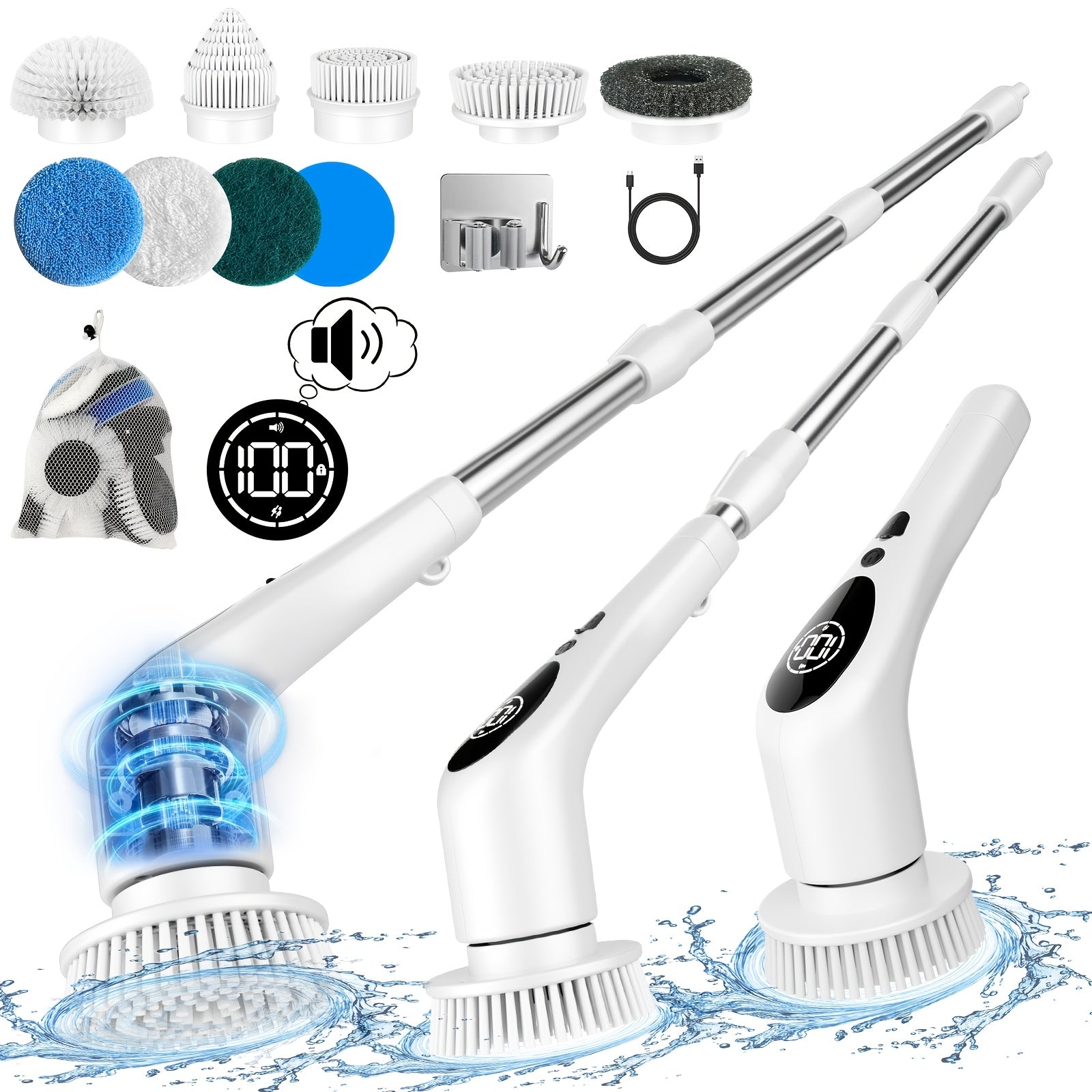 Electric Cleaning Brush with Long Handle 10-in-1 Accessories Adjustable Speed Voice Function