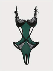 Women's Black Satin Bodysuit with Thin Shoulder Straps for Nightwear