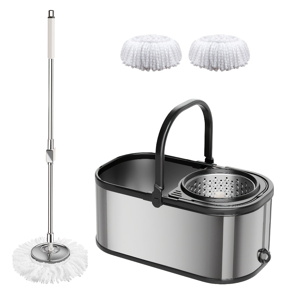 Aylanadigan Mop Chekasi - Uy oshxona pollarini tozalash uchun ideal - Qattiq va plitka yuzalarida quruq yoki nam holda ishlatilishi mumkin - 2 ta qayta ishlatiladigan super nozik tolali mop boshliqlari bilan birga keladi