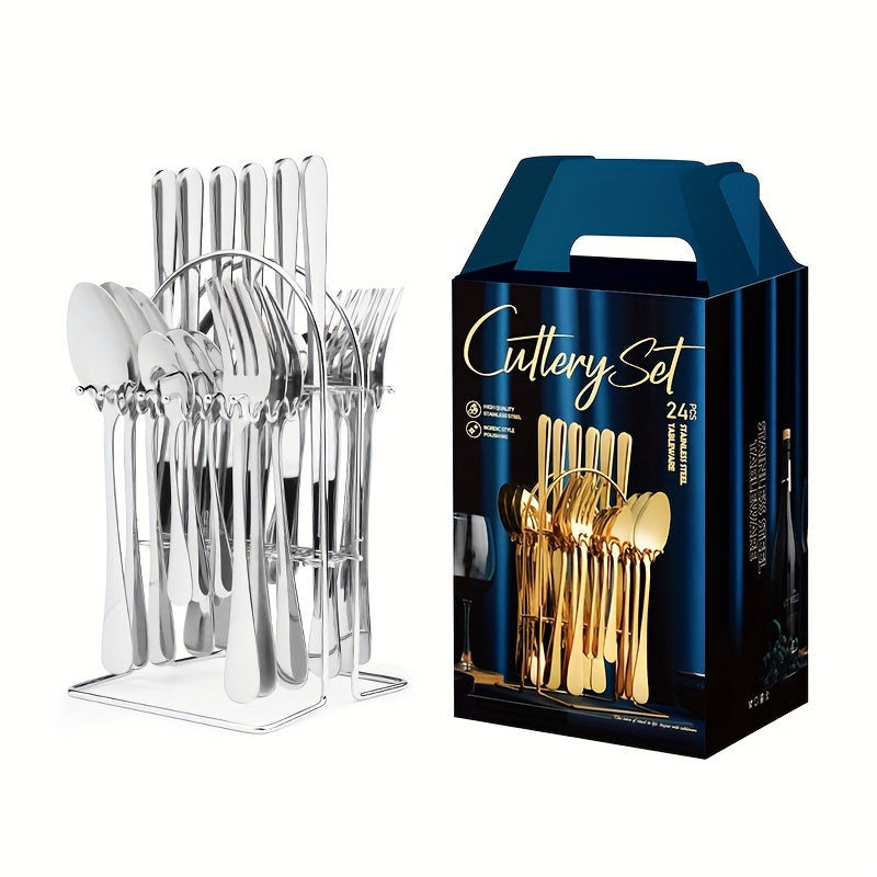 24-Piece Golden Stainless Steel Cutlery Set with Metal Stand for Home Restaurant Party