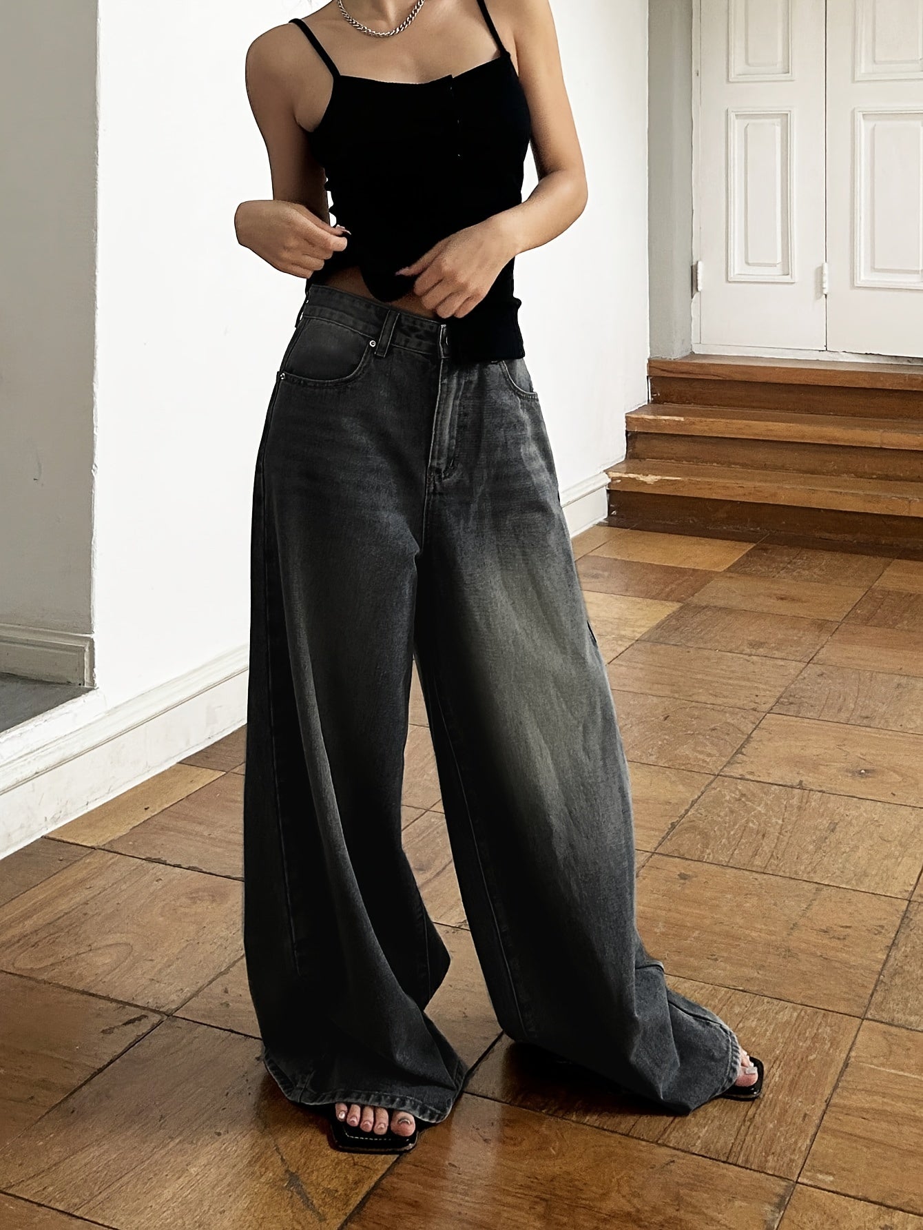 Women's High-Waisted Wide Leg Denim Jeans Solid Color Non-Stretch Casual Spring Summer Fall