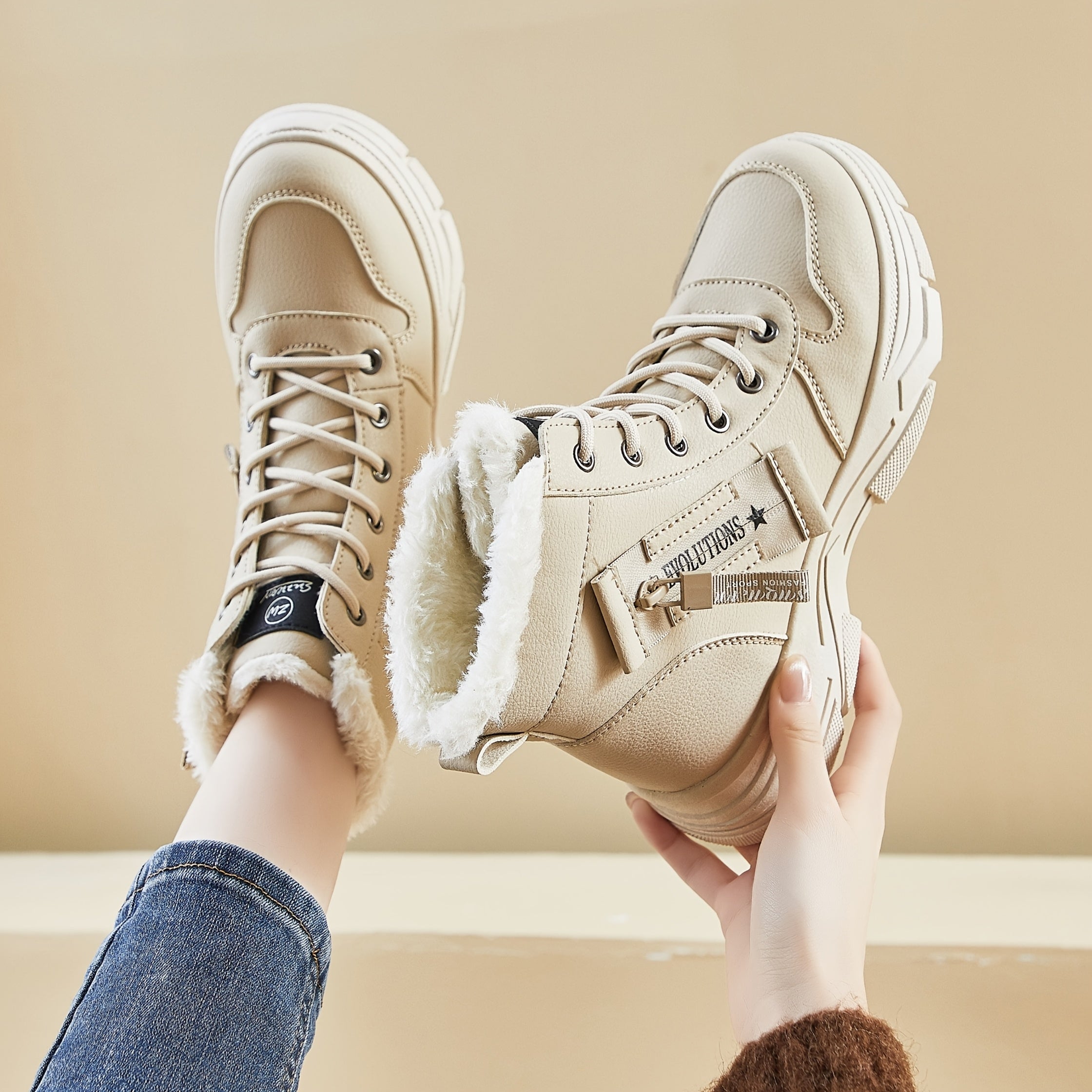 Women’s Fleece-Lined Ankle Snow Boots with Rubber Sole and Mid-Heel