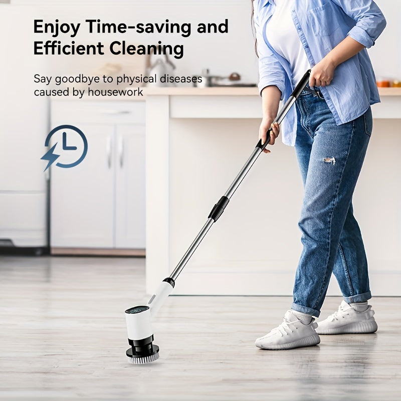 SUNUO Electric Spin Scrubber turli xil tozalash uchun 9 ta cho'tka boshiga ega. Ushbu simsiz pol va plitka tozalagich to'liq tozalash uchun 360° aylanish imkoniyatiga ega va uzaytiriladigan tutqich yuqori yoki past joylarga erishishni osonlashtiradi. USB