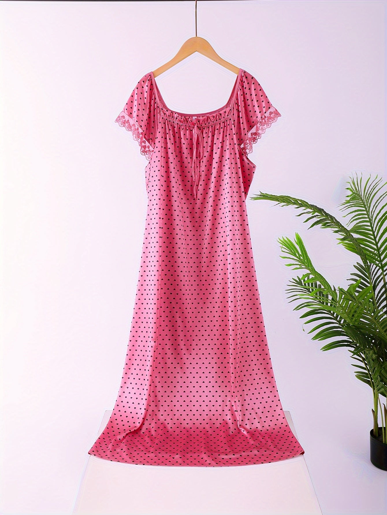 Women's Plus Size Heart Print Lace Sleep Dress Short Sleeve Lounge Wear