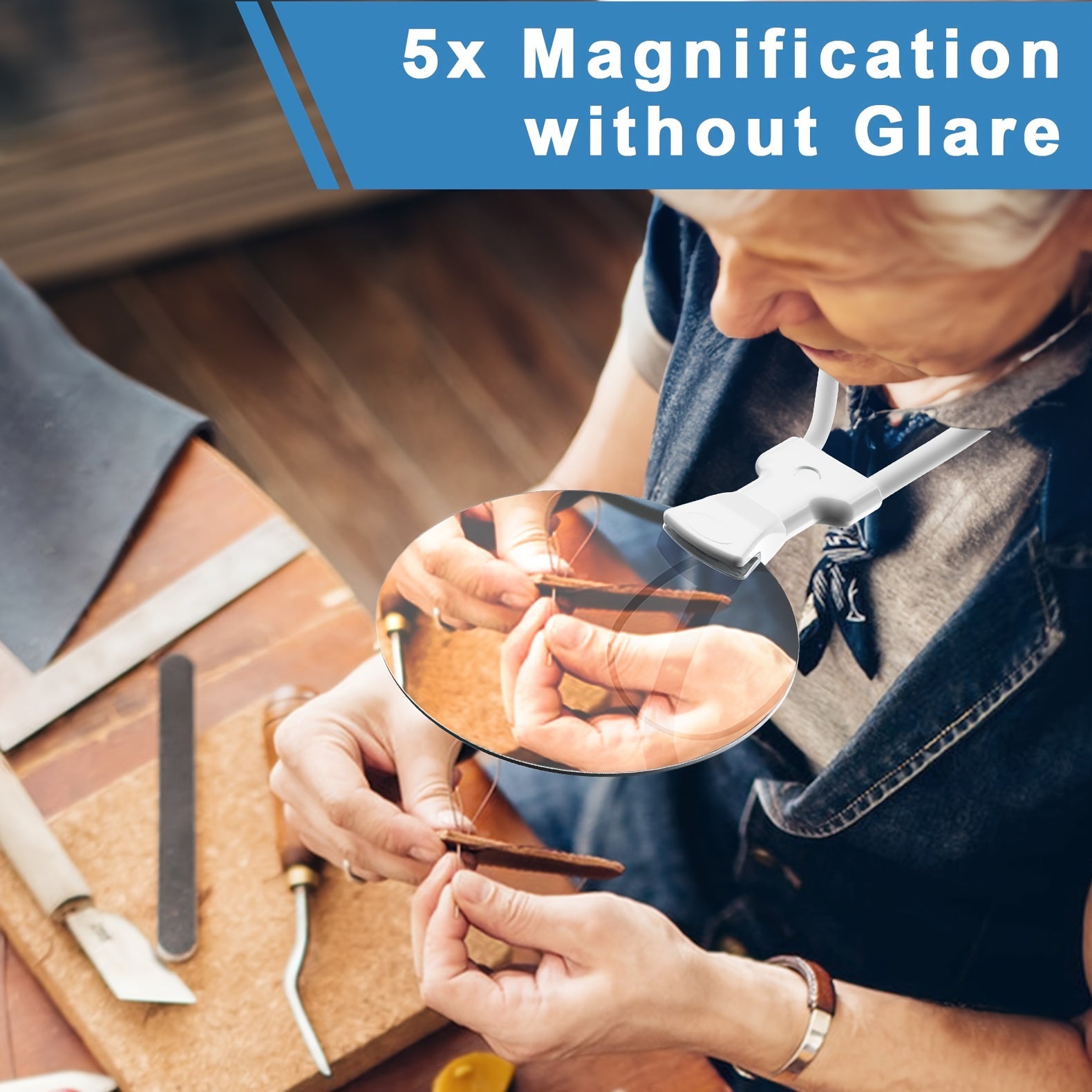 5X kattalashtiruvchi shisha, 13.0 sm linzasi va qo'lni bo'sh qo'yish uchun sozlanadigan bo'yin tasmasi bilan, o'qish, tikish, qo'l san'atlari va kross tikish kabi faoliyatlar uchun mukammal, keksa insonlar uchun. Batareya talab qilinmaydi.