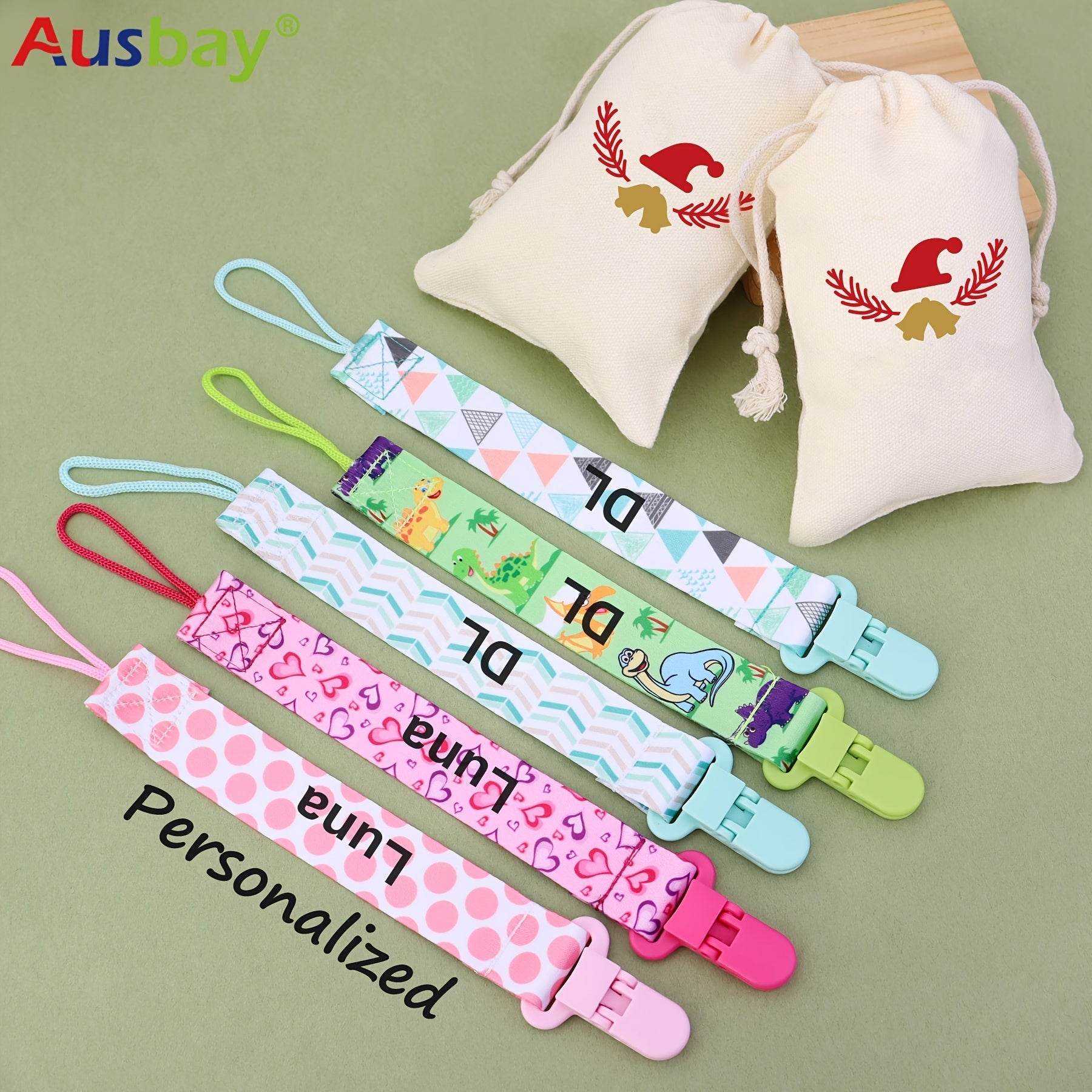 Personalized Baby Pacifier Holder Clips in Custom Gift Bags for Boys and Girls