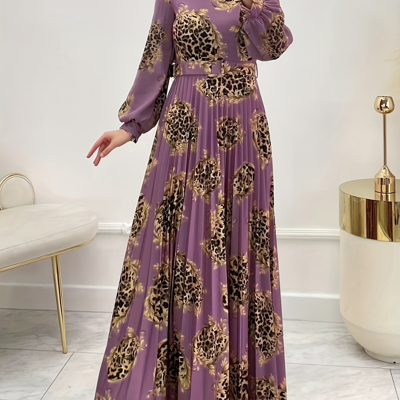 Leopard Print Abaya Dress for Women Long Sleeve Maxi Length Middle Eastern Style