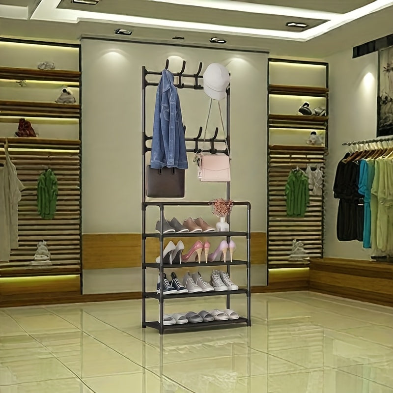 3-in-1 Metal Shoe Rack with Dust Cloth and Hooks for Entryway Living Room Bedroom