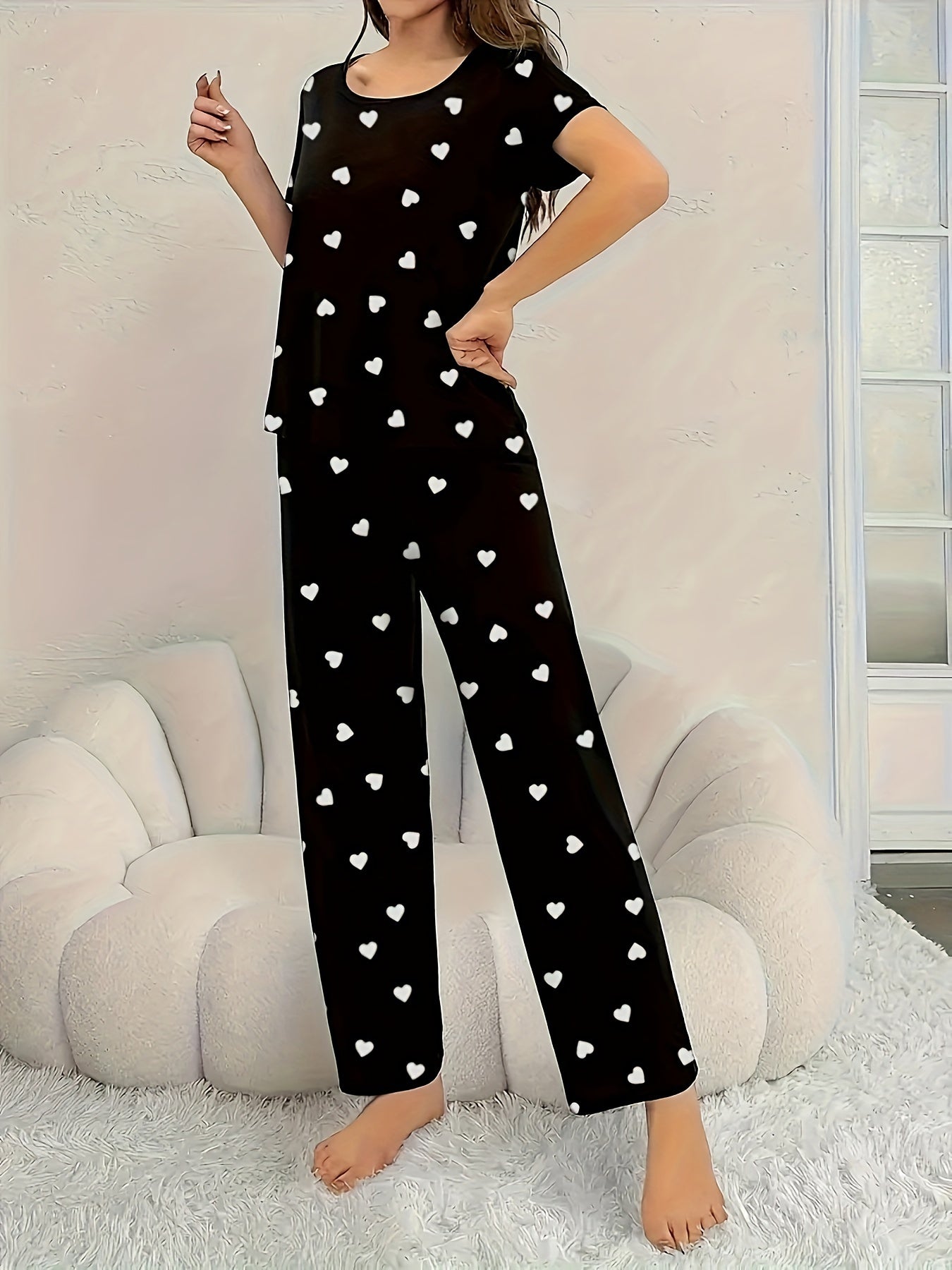 Women's Black Heart Print Pajama Set Jersey Knit Short Sleeve T-Shirt Long Pants