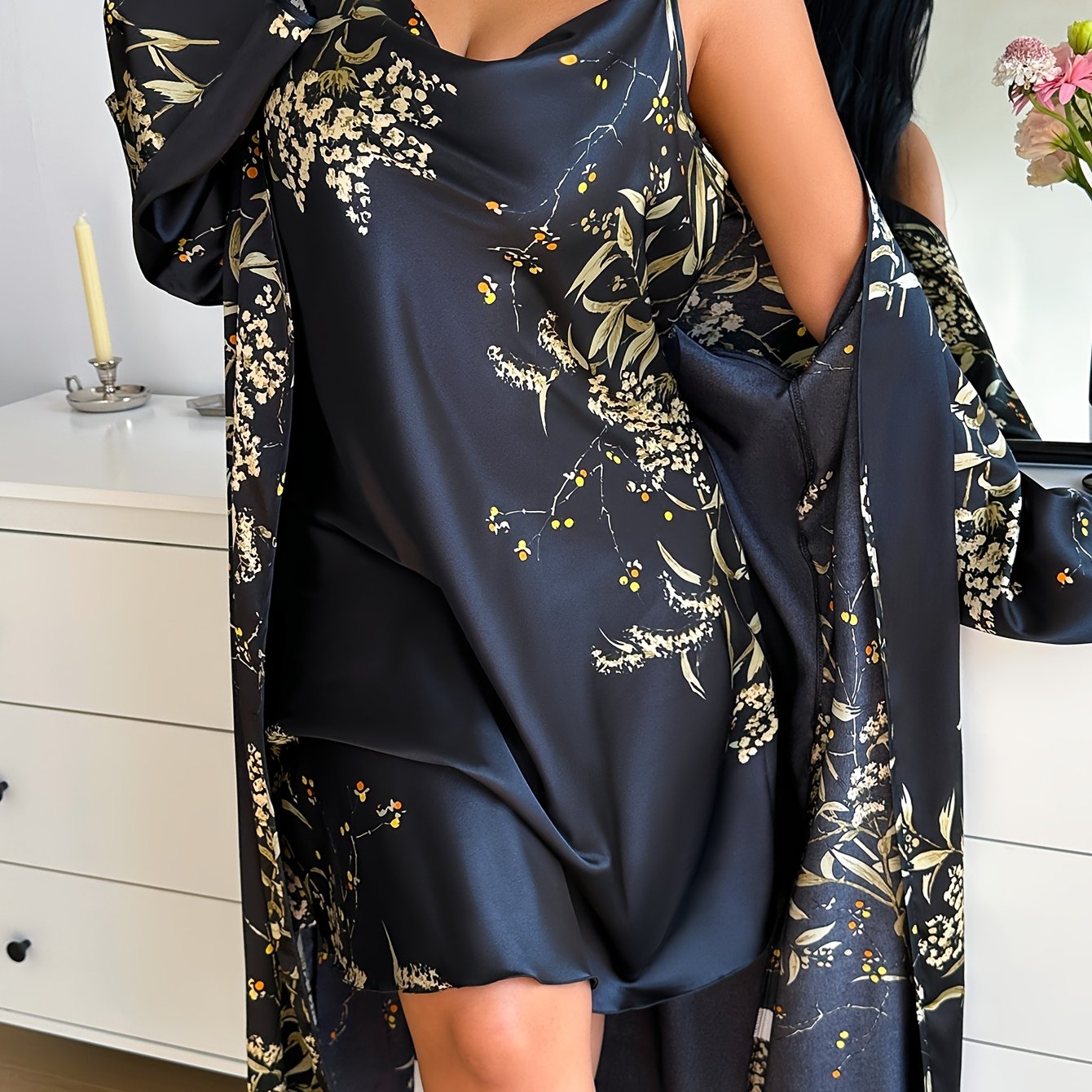 Plus Size Women Long Robe Nightgown Set Puff Sleeves Halter Neck