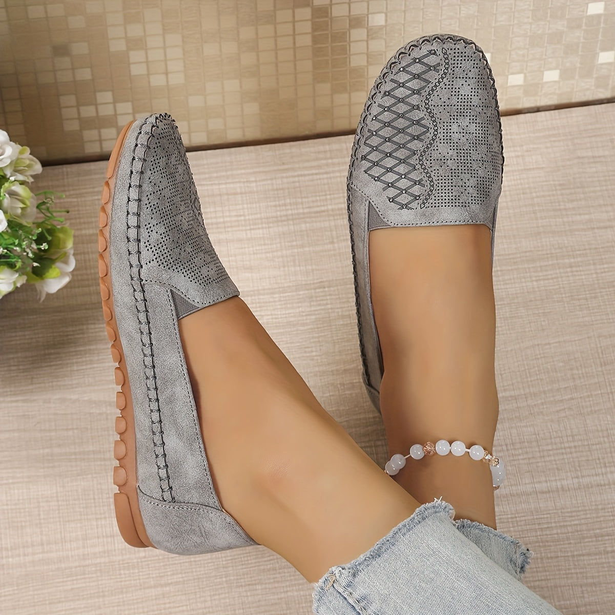Women's Faux Cover Slip-On Flat Shoes with Embroidery All-Season Casual
