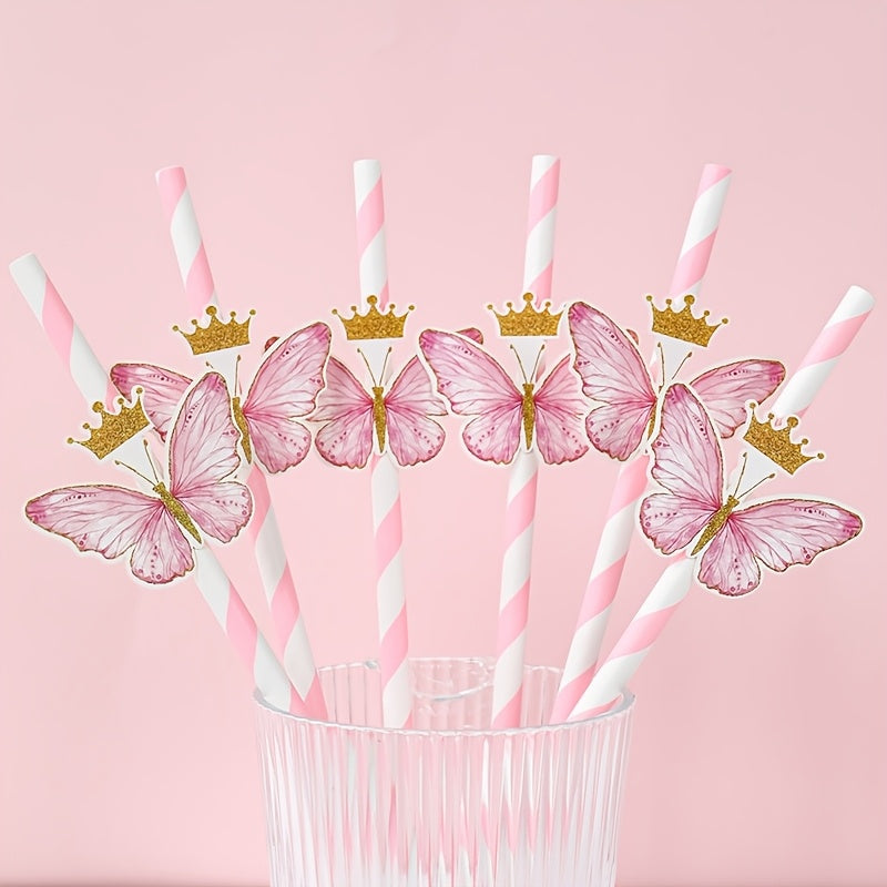 Pink Butterfly Paper Straws for Children's Parties and Celebrations 20 Pack