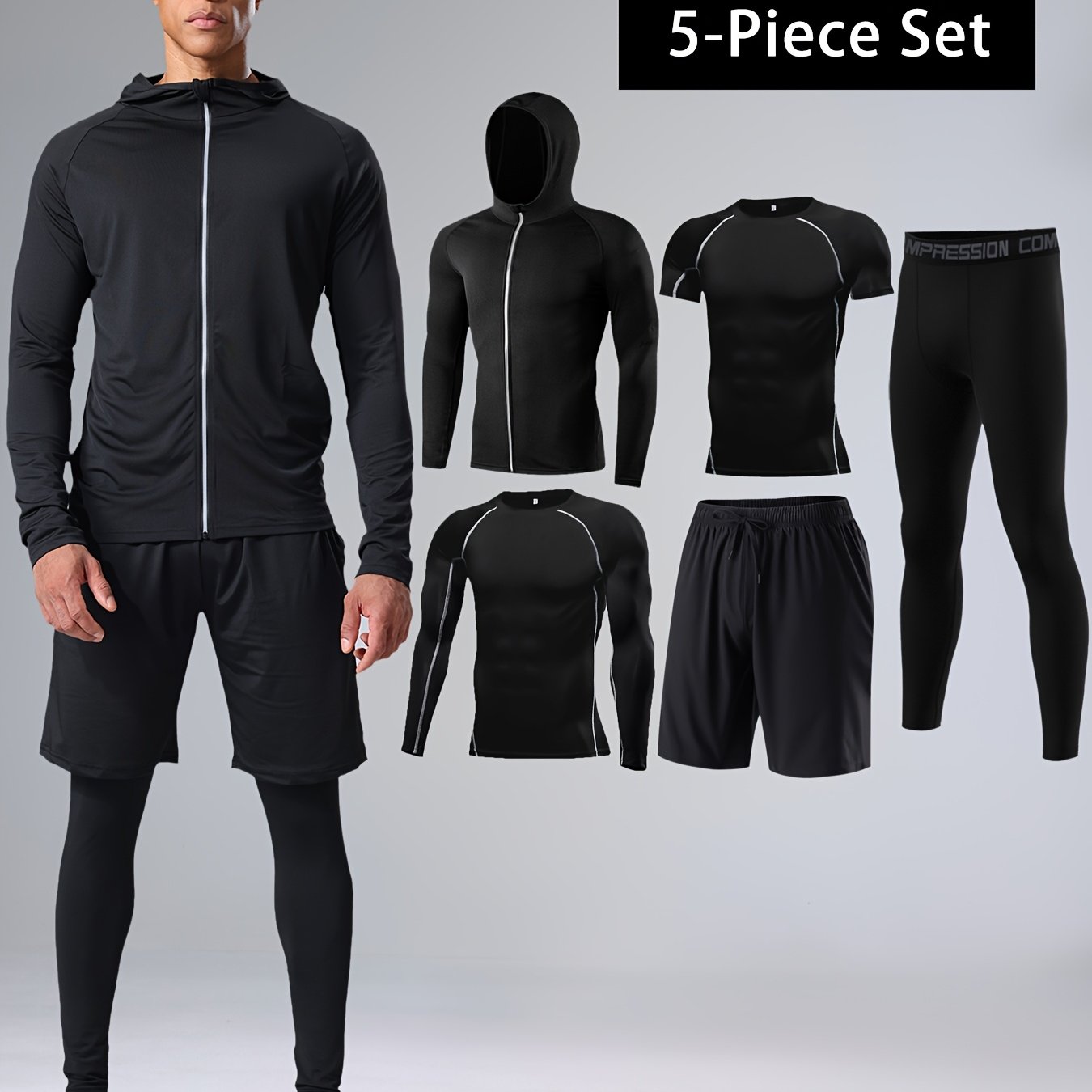 Men's Athletic Set 5-Piece Quick-Dry Compression Sportswear for Basketball and Fitness
