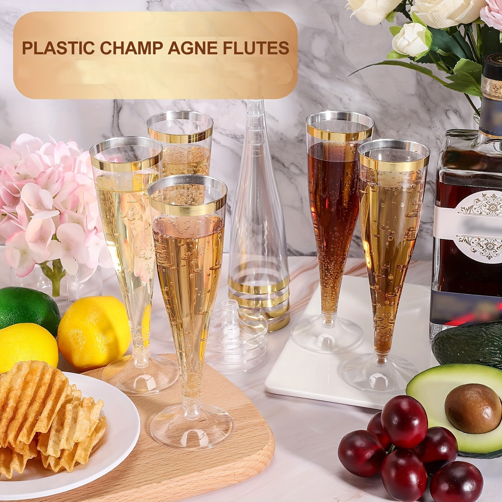 Set of 20 Gold Rimmed 4.5oz Disposable Plastic Champagne Flutes Reusable Recyclable