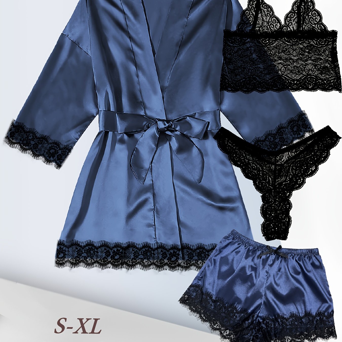 Women's Plus Size Satin Lace Nightgown Set With Camisole Shorts And Eye Mask