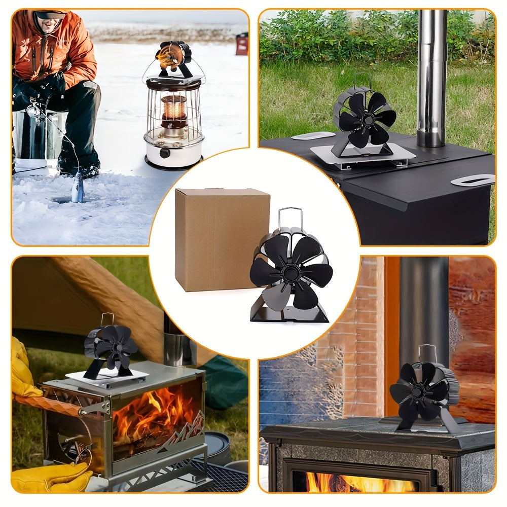 Silent 6-Blade Fireplace Fan for Wood Stove Heat Distribution Black