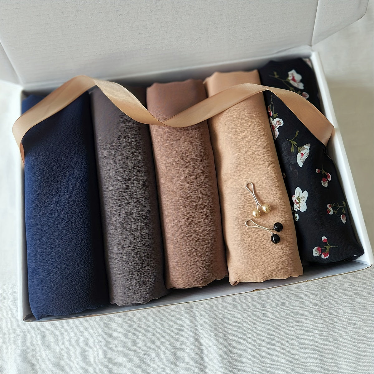 Set of 5 Elegant Chiffon Hijabs with Faux Pearl Pins for Valentine's and Mother's Day