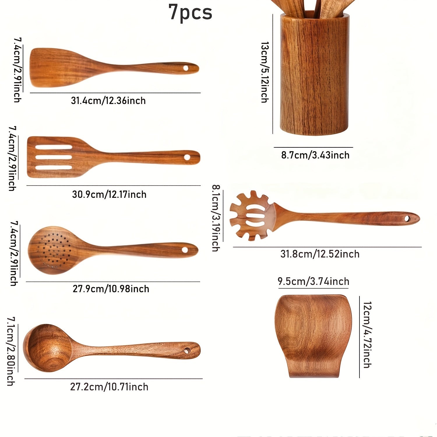 Set of 7 Wooden Kitchen Utensils with Holder Heat-Resistant Cooking Tools