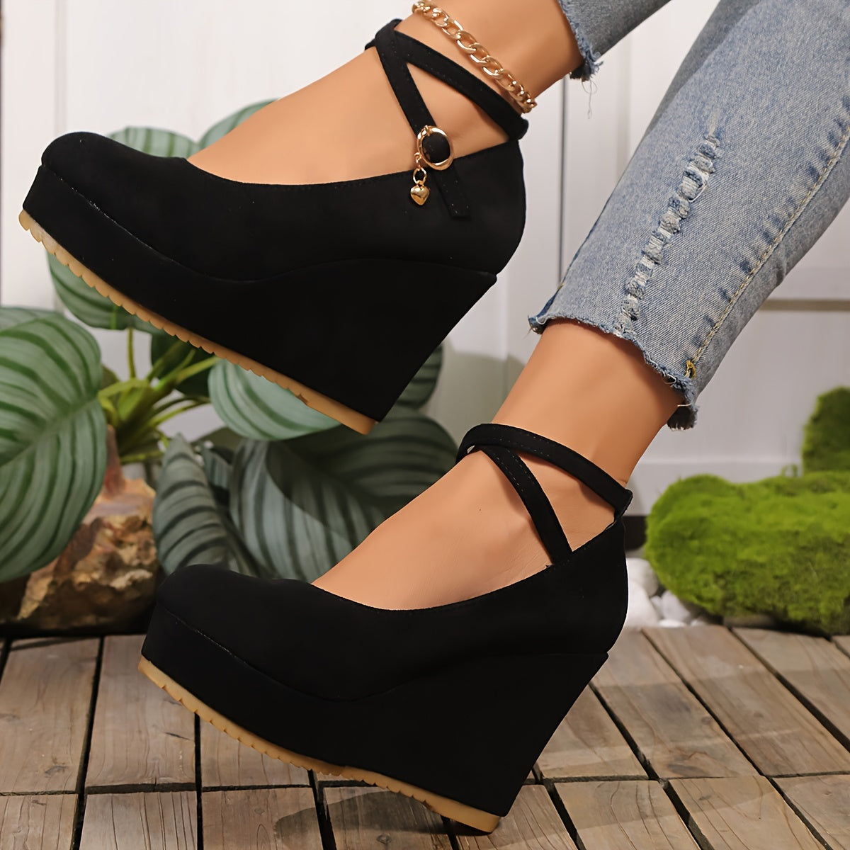 Women's Black Wedge Heels with Ankle Strap Platform High Heel All-Season