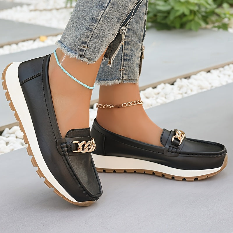 Women's Solid Color Loafers Slip-On Casual Flats with Metal Buckle