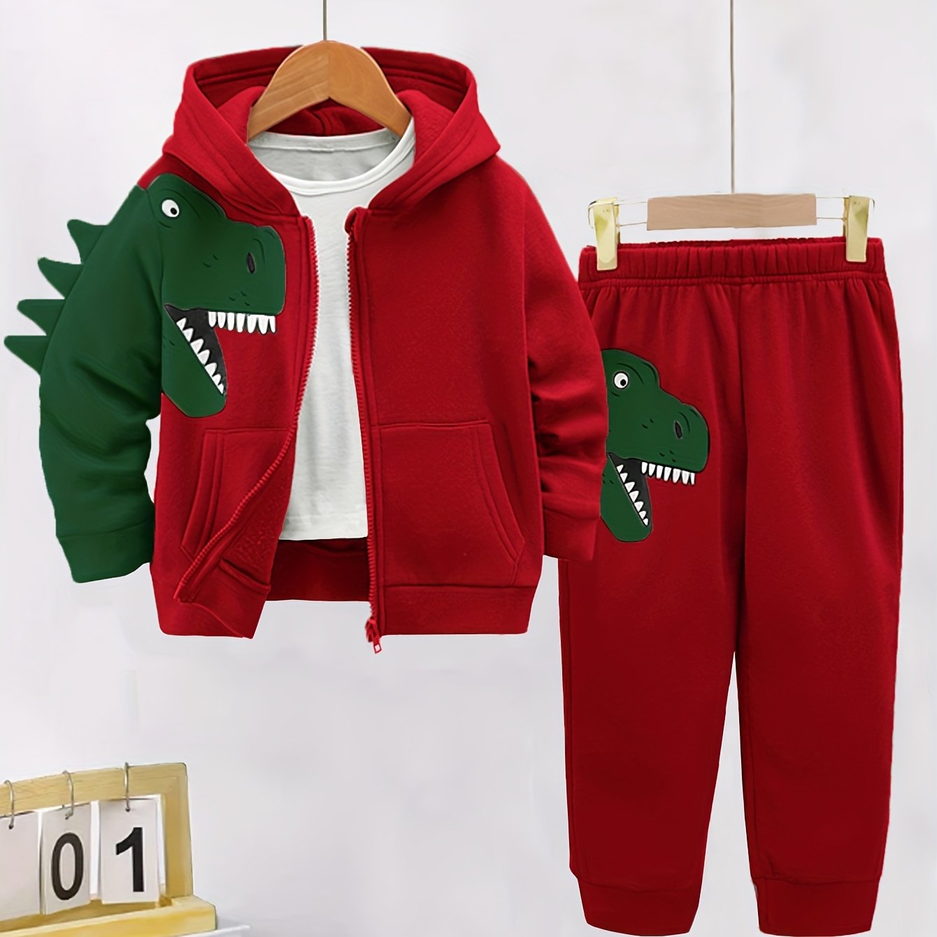 Toddler Boy Fleece-Lined Dinosaur Hoodie and Pants Set Fall Winter Cozy Machine Washable