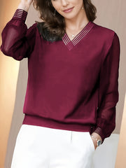 Women's Black Lace Chiffon V-Neck Blouse Spring Fall Layering