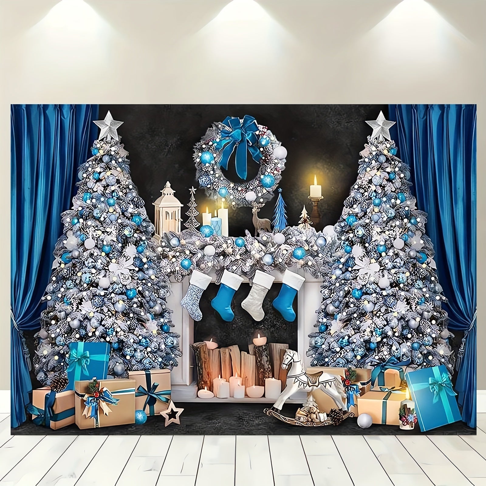 Blue and White Christmas Mantelpiece Scene with Presents and Tree for Holiday Decor