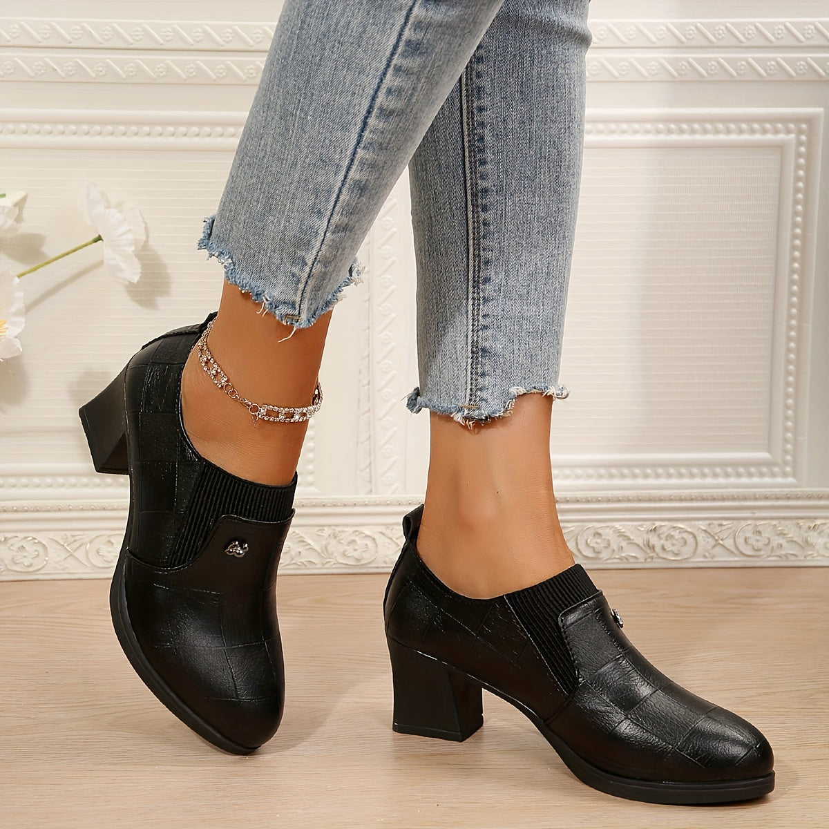 Women's Pointed Toe Pumps Solid Color High Heel Block Shoes Fabric Inner