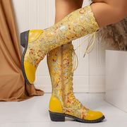 Women's Floral Print Knee-High Chelsea Boots with Side Zipper All-Season