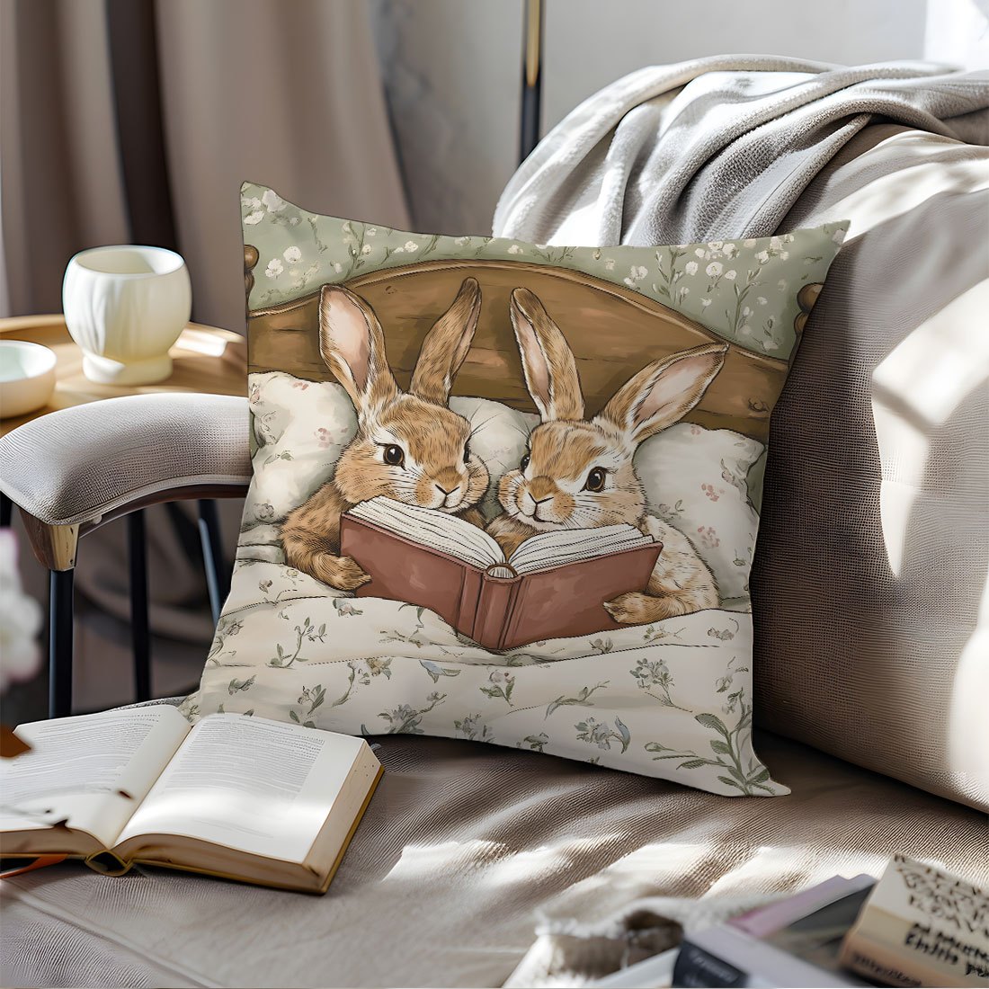 Easter Cartoon Rabbit Storybook Sofa Throw Pillow Cover 45x45cm Peach Skin Fabric