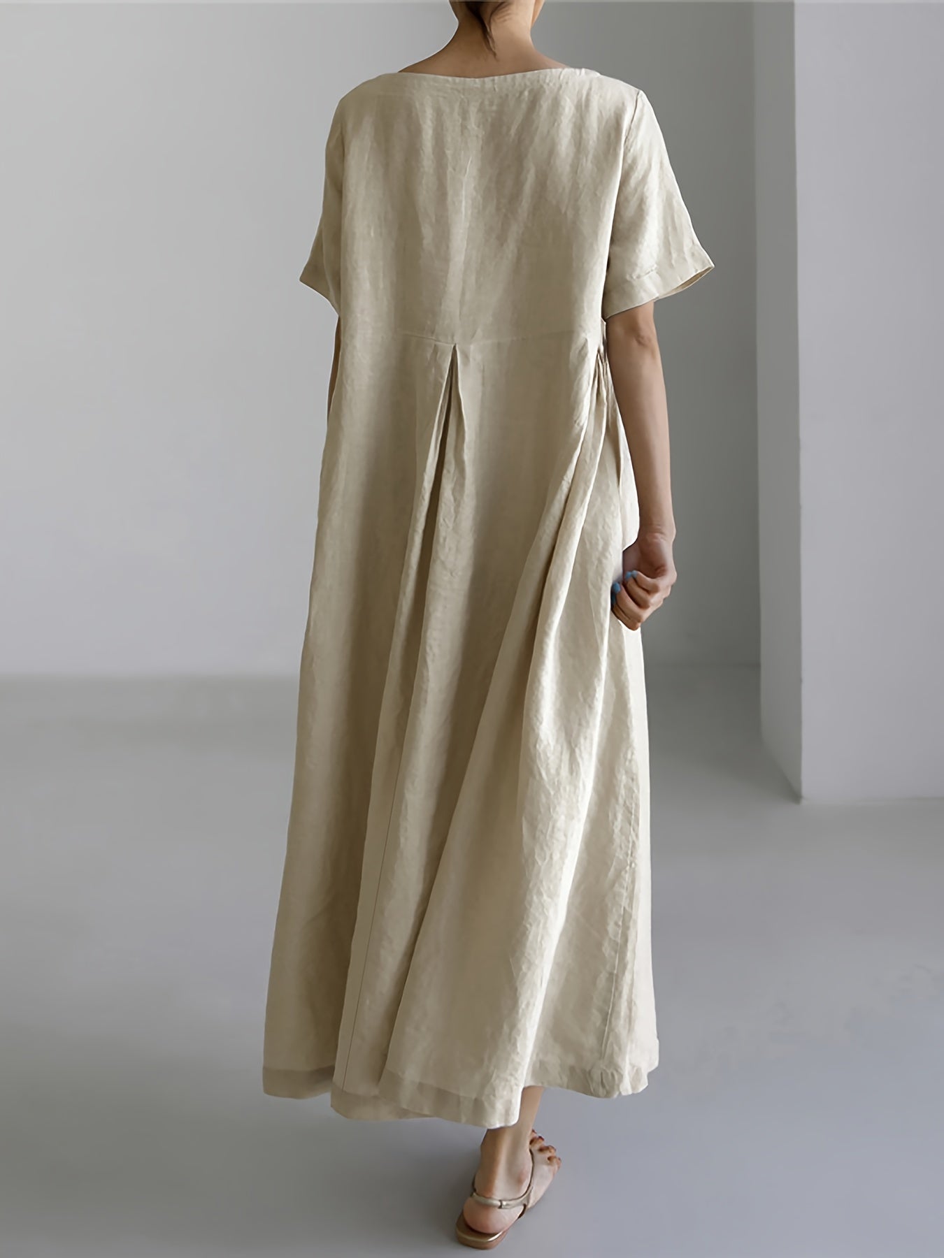 Платье из льна большого размера с карманами, короткий рукав, круглый вырез, длинная длина, летнее повседневное